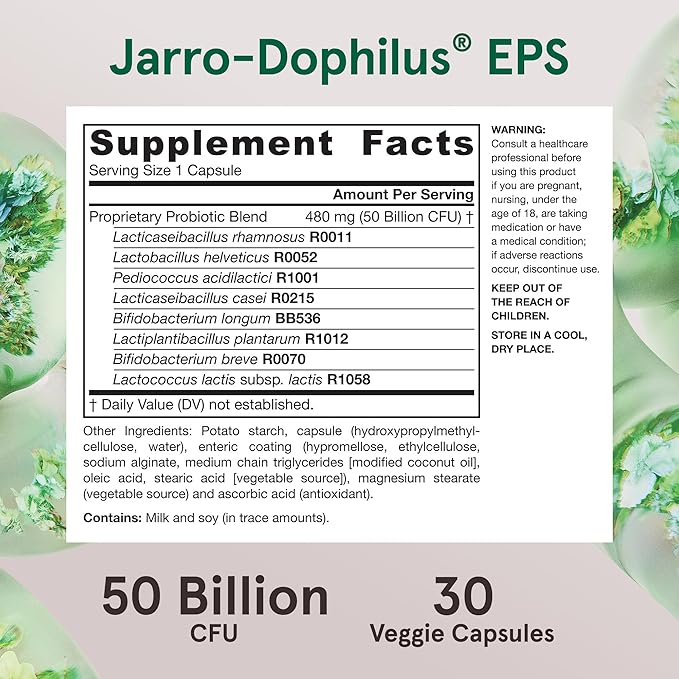 Jarrow Formulas Jarro-Dophilus EPS Gut Rescue 50 Billion 8 Clinically-Studied 30 Veggie 30 Day