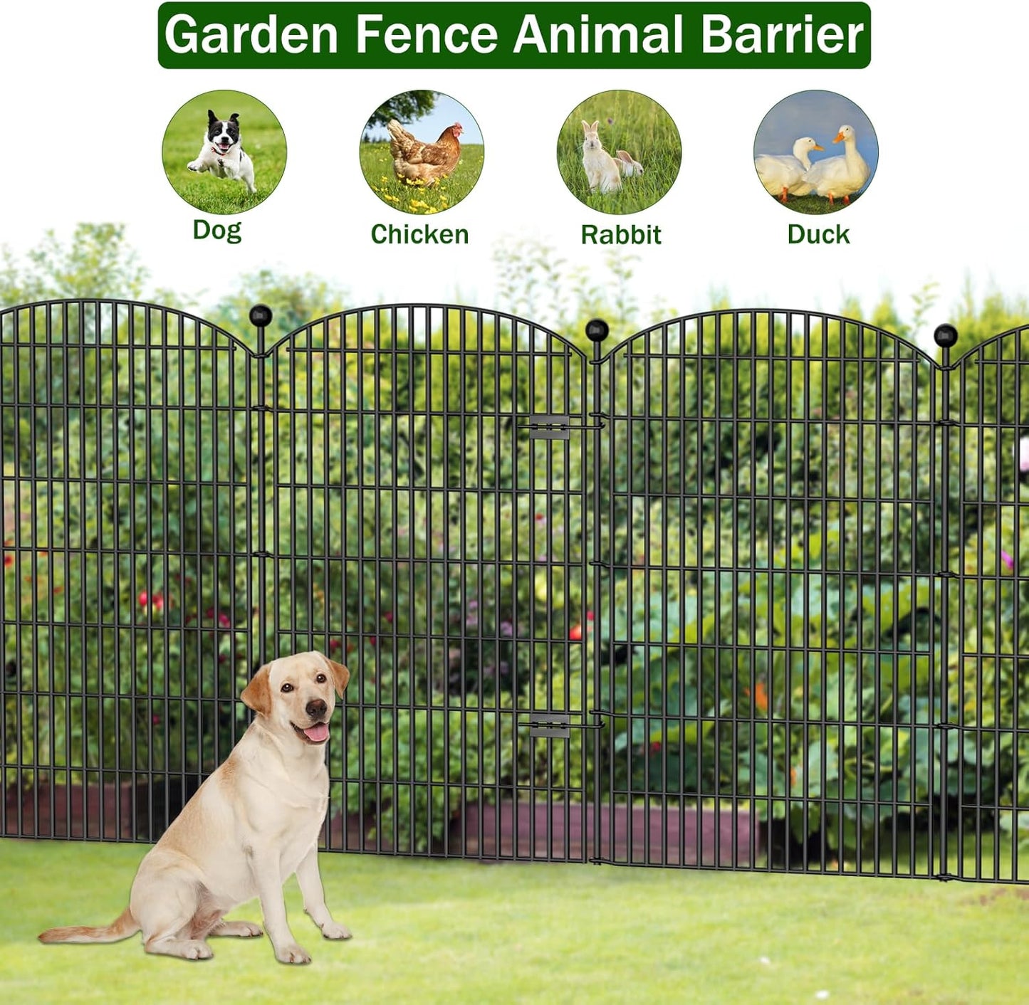 No Dig Decorative Garden Fence 4 Panels with Gate, 48 in (H) x 10.4 ft (L), Dog Fence Outdoor for Yard,Rustproof Metal Animal Barrier Ground Stakes Fencing for Garden, Patio, Flower Bed