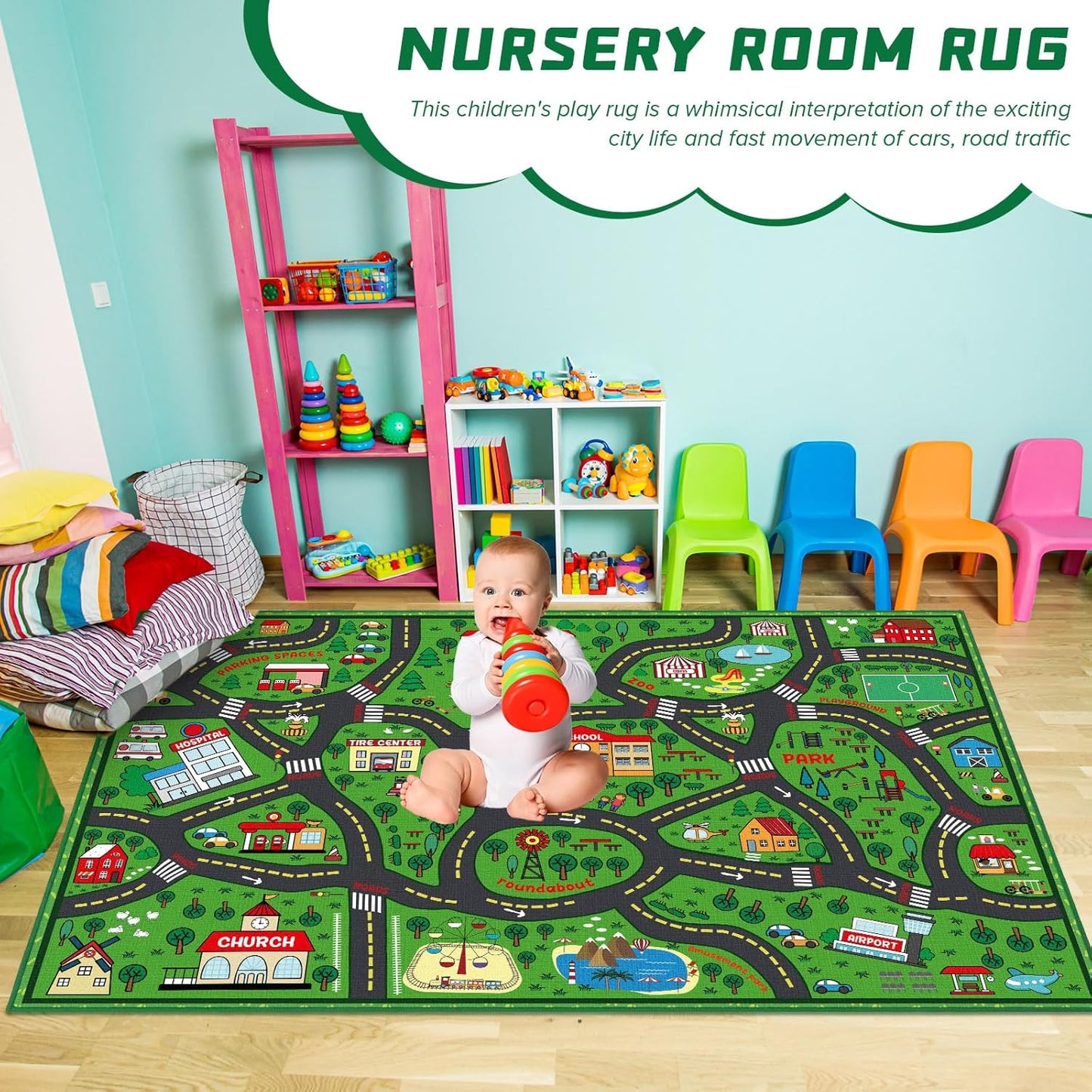 Kids Carpet Playmat Rug 5 x 7 ft Player Car Rug, City Life Traffic Road Map Mat Educational Game Area Mat for Toddler Children Playroom Classroom Bedroom(Green)