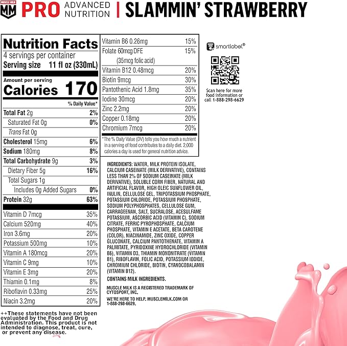 Muscle Milk Pro Advanced Nutrition Protein 11 Fl 12 Pack, 32g Protein, 1g Sugar, 16 Vitamins 5g Fiber,