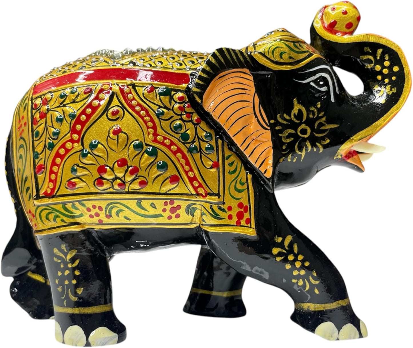 Handcrafted Wooden Elephant Figurine β Traditional Artwork, Gold & Gemstone Embellishments β Lucky Decorative Elephant Statue for Prosperity | Beautiful Elefantes Decorativos para Sala (Black & Gold)