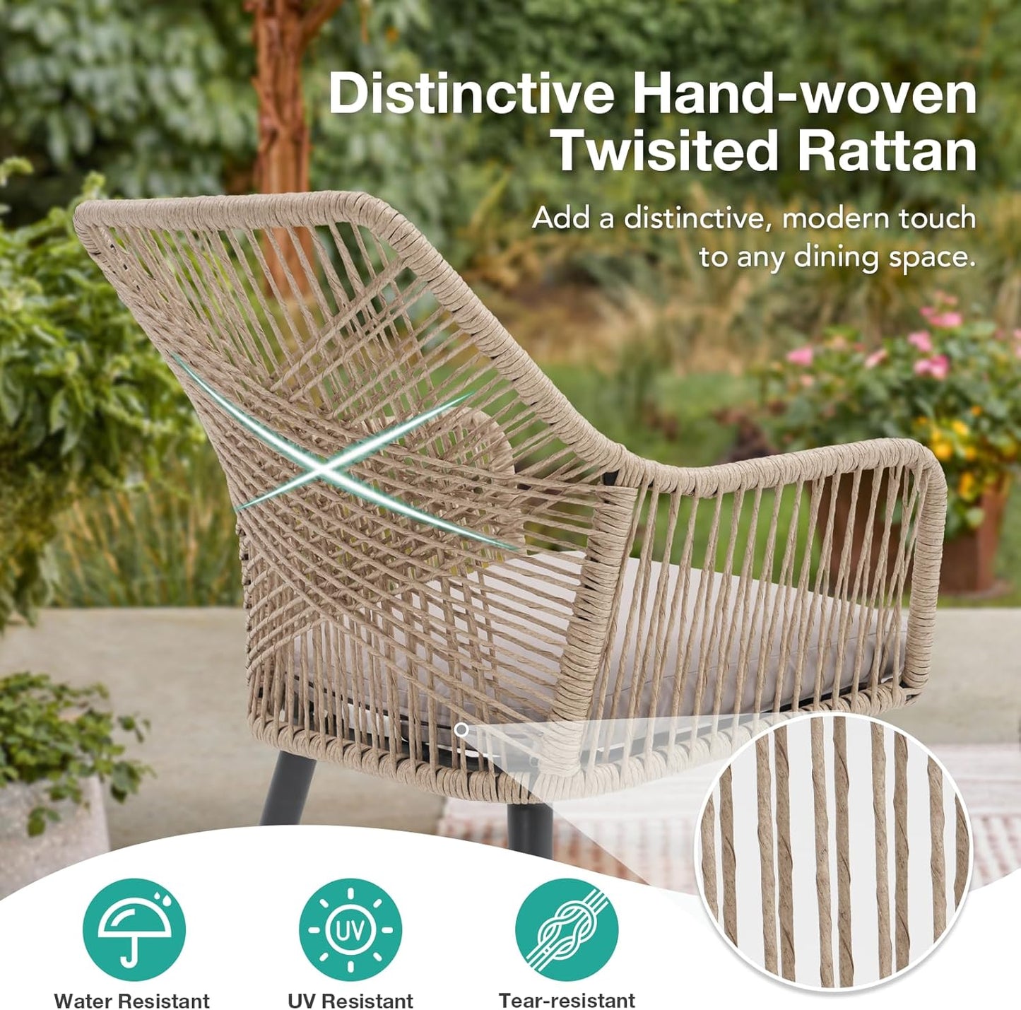 Patiorama Patio Dining Chair Set of 4, Woven Rope Outdoor Dining Chairs w/Steel Frame, All-Weather Twisted Rattan Chairs w/Armrest & Cushion, Outdoor Dining Wicker Chairs for Backyard Garden(Beige)