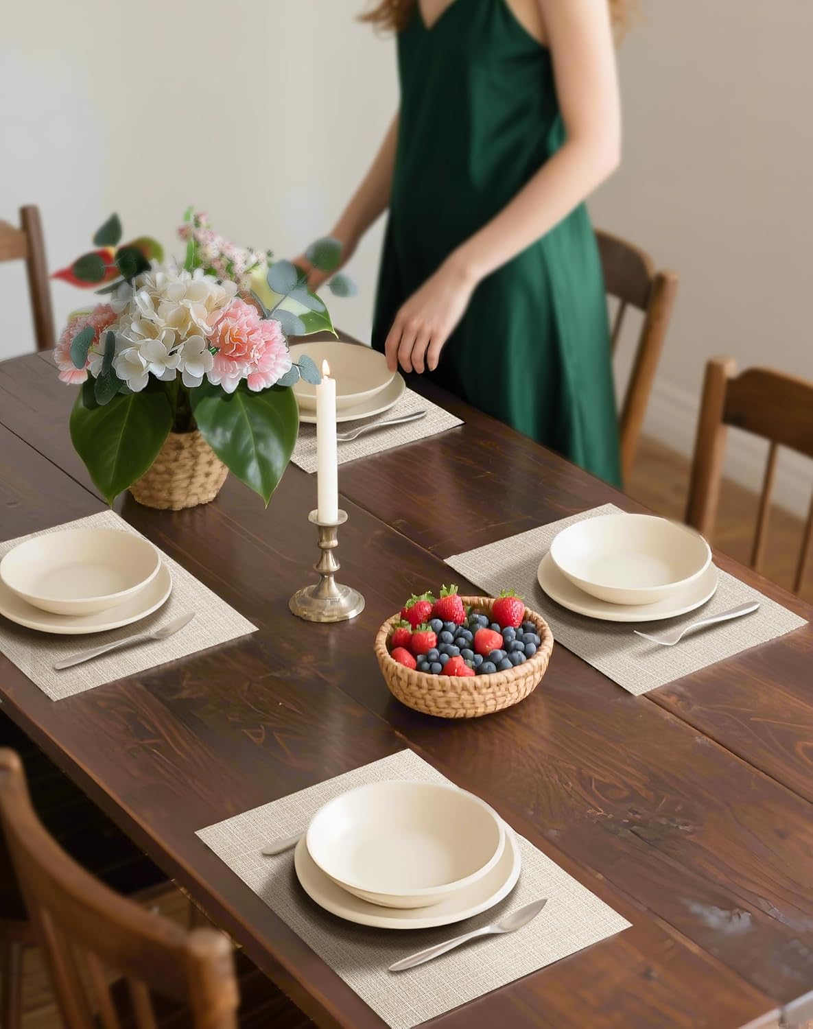 Leetaltree Beige Placemats Set of 6 - Heat Resistant Non-Slip Place mats for Dining Table, Washable Durable PVC Vinyl Woven Table Mats(Beige, 6)