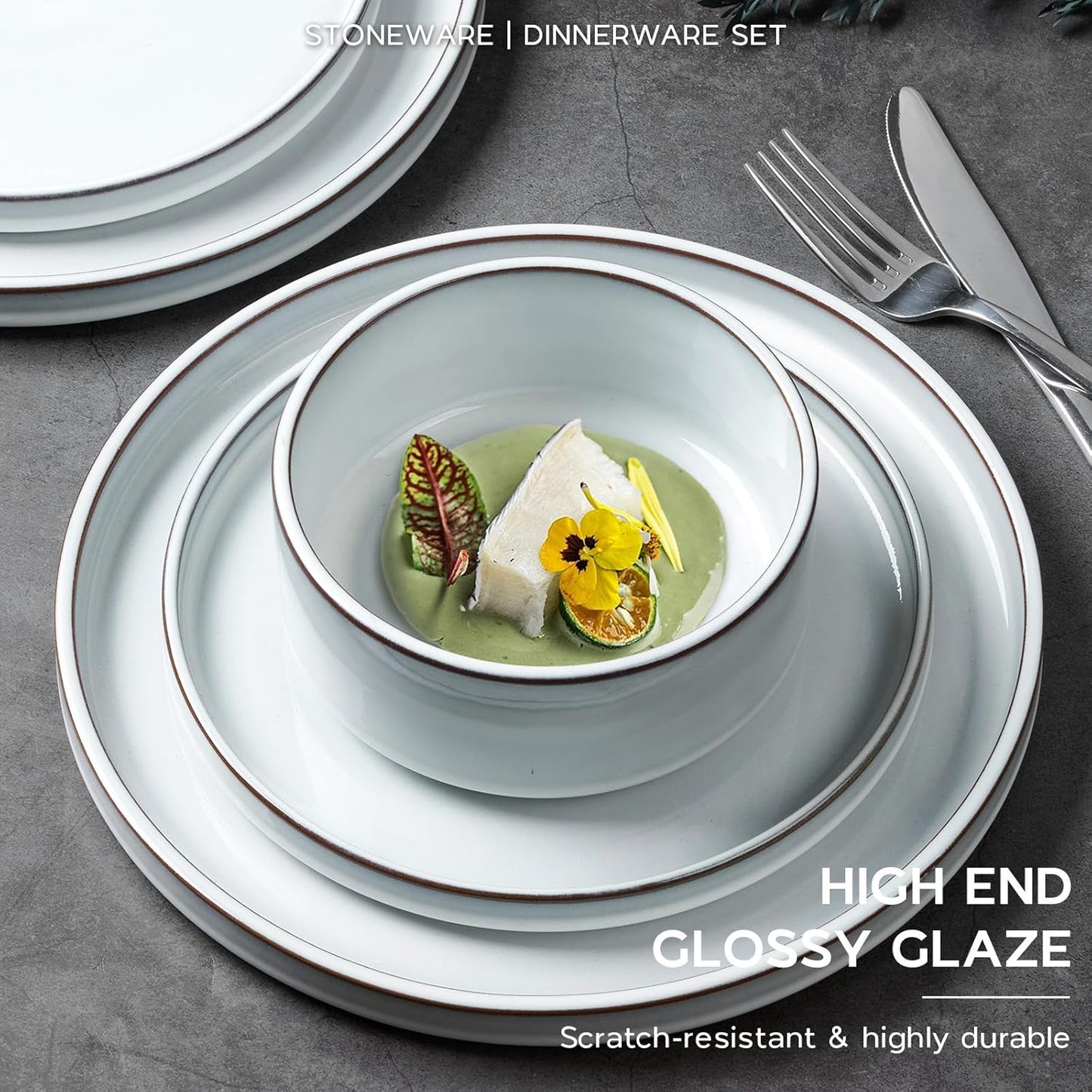 Onader Stoneware Dinnerware Sets, 12 Piece Plates and Bowls Dish Sets for 4, Ceramic Dishware Dining Ware with Rustic Terracotta Bottom - Glacier White