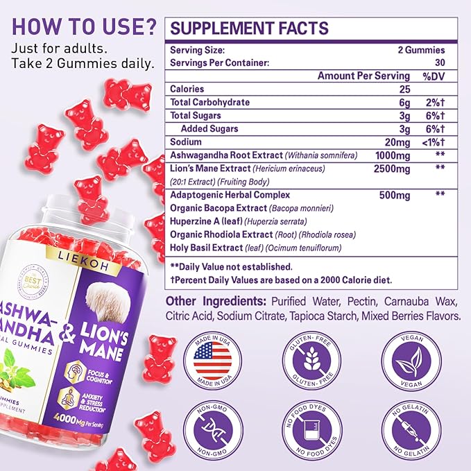 Ashwagandha & Lions Mane Gummies for Adults -Cortisol and Brain Health, 4000mg Ultra Strength Lion's Mane Mushroom Supplements, Berry Flavor - Packs of 4