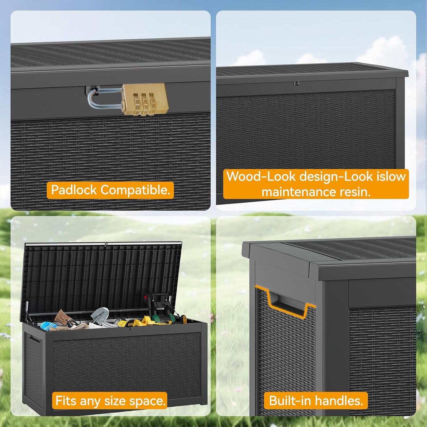 KAMABOKO 260 Gallon Outdoor Storage Box, Resin Deck Boxes Indoor and outdoor, Waterproof Storage Box Lockable Lid for Garden Tools, Package Delivery, Patio Cushions, Black