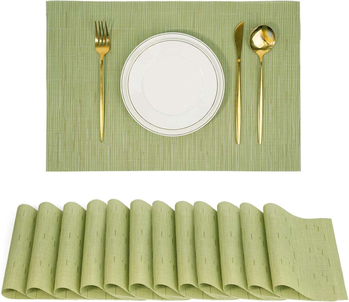Placemats Set of 12,Non-Slip PVC Weave Table Mats Easy to Clean,Heat Resistant Place Mats for Kitchen Dining Table Decoration Indoor Outdoor,Pea Green