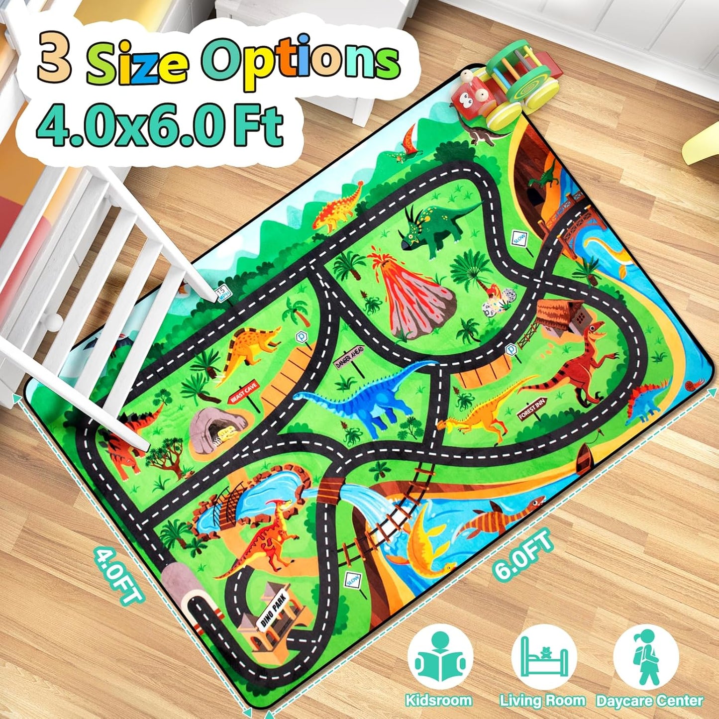 Kids Rug, Car Carpet for Kids' Toy Cars, 4x6 Ft Dinosaur Rug, Dino Safari Road Mat for Playroom, Educational Learning & Game Area Baby Play Mat Carpet for Children