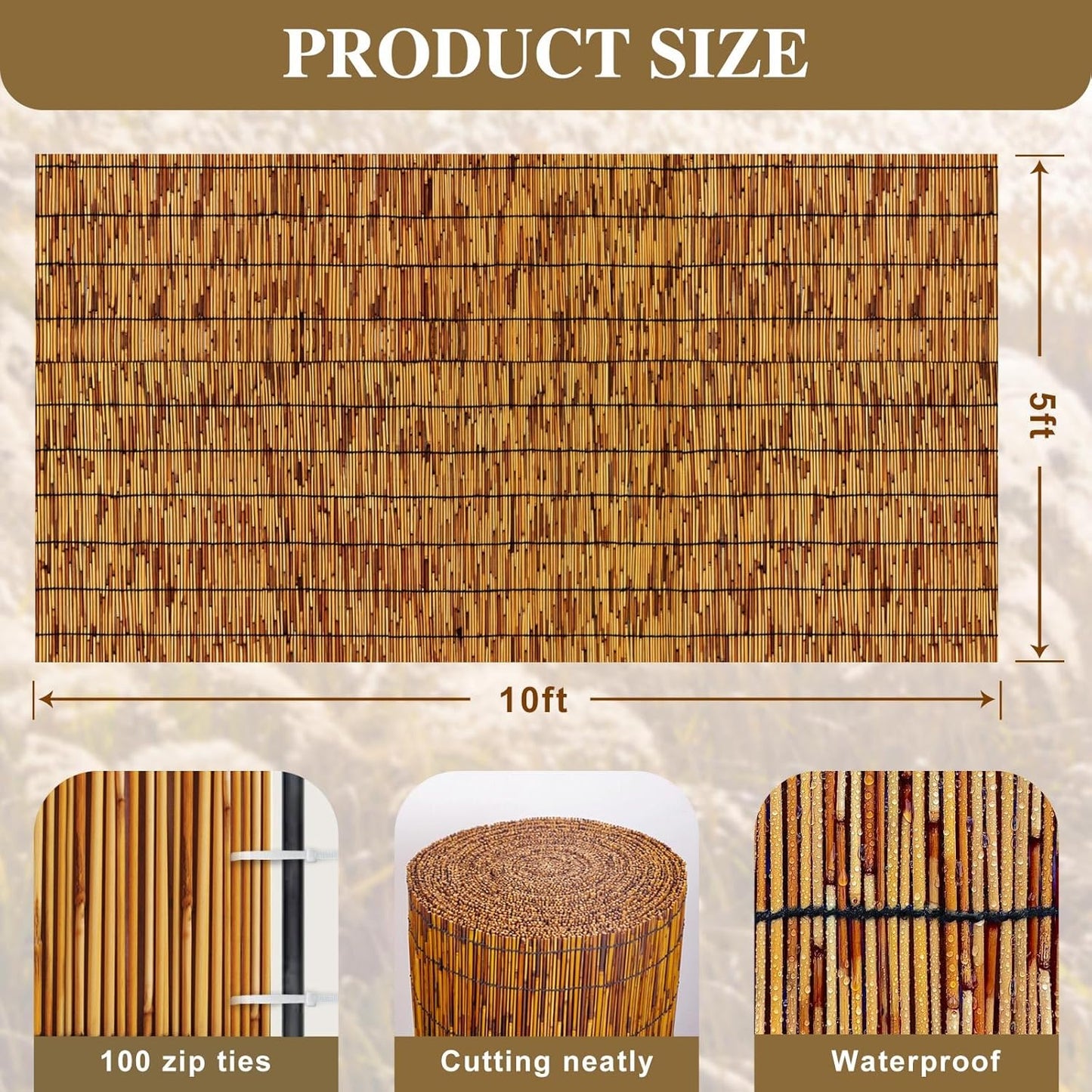 Reed Fencing Rolls,Patio Privacy Screen 5 Feet High,Decorative Bamboo Fence Rolls for Patio Balcony Garden Backyard Outdoor,5x10FT