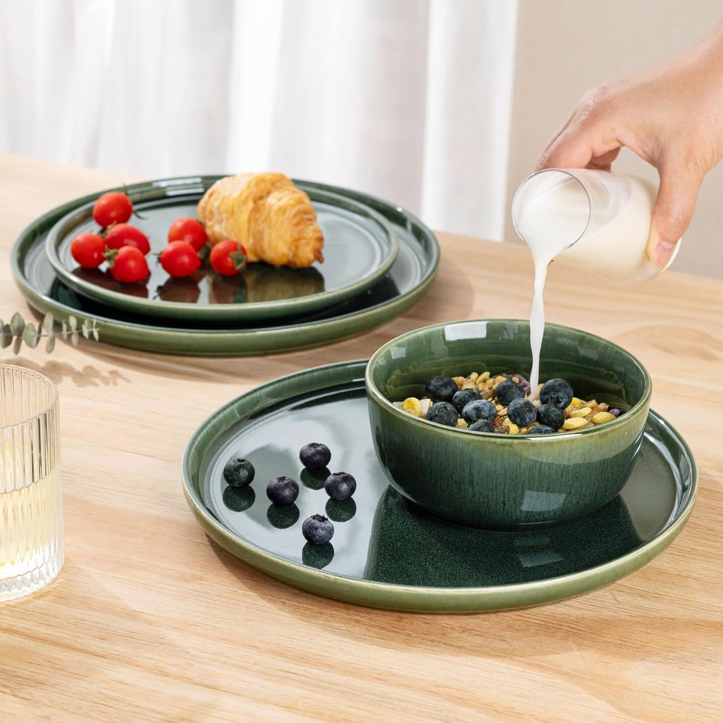GBHOME Ceramic Dinnerware Sets for 4, 12 Pieces Stoneware Plates and Bowls Sets, Scratch Resistant Dishes, Dishwasher & Microwave Safe, Reactive Glaze-Earth Green