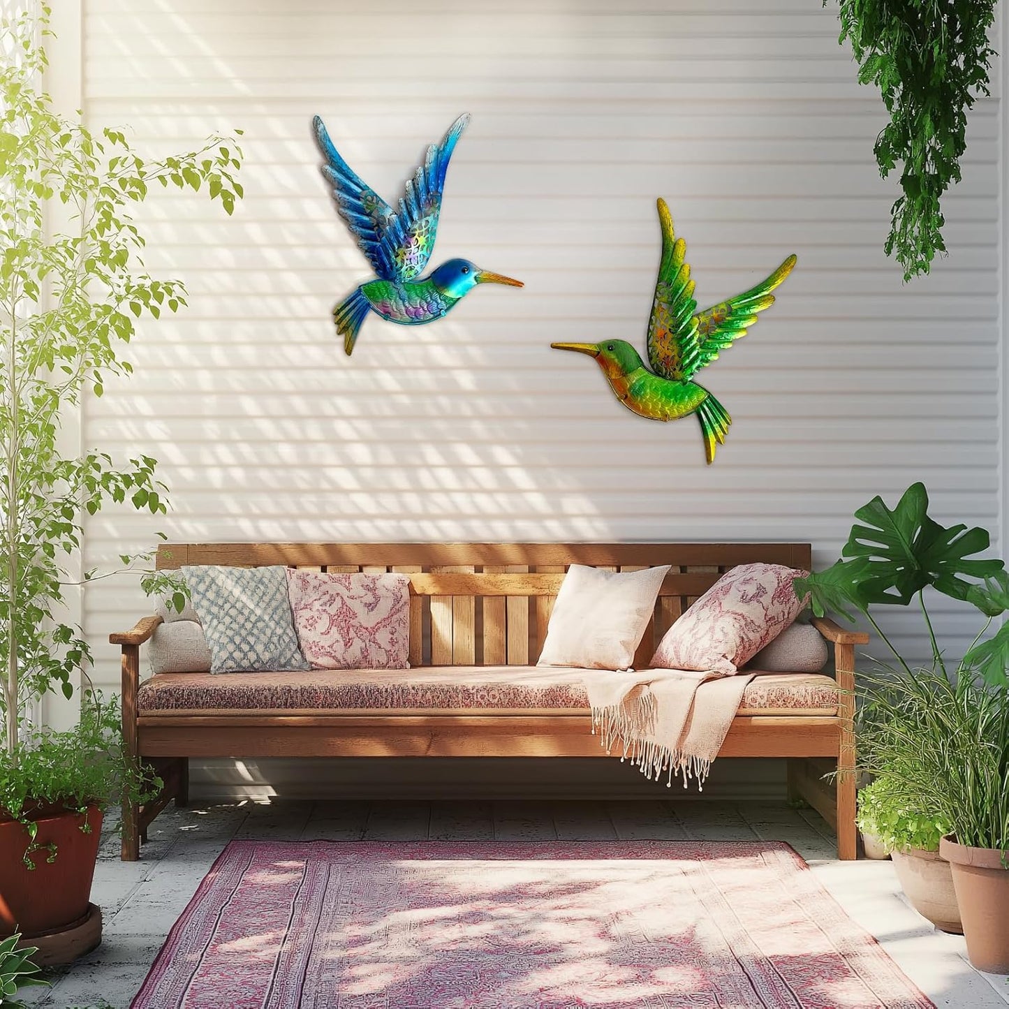 HONGLAND Metal Hummingbird Wall Art 12inch Metal Birds Wall Sculpture Garden Decoration Outdoor Statue Patio Fence Hanging Plaques 2 Pack(Blue-Green)