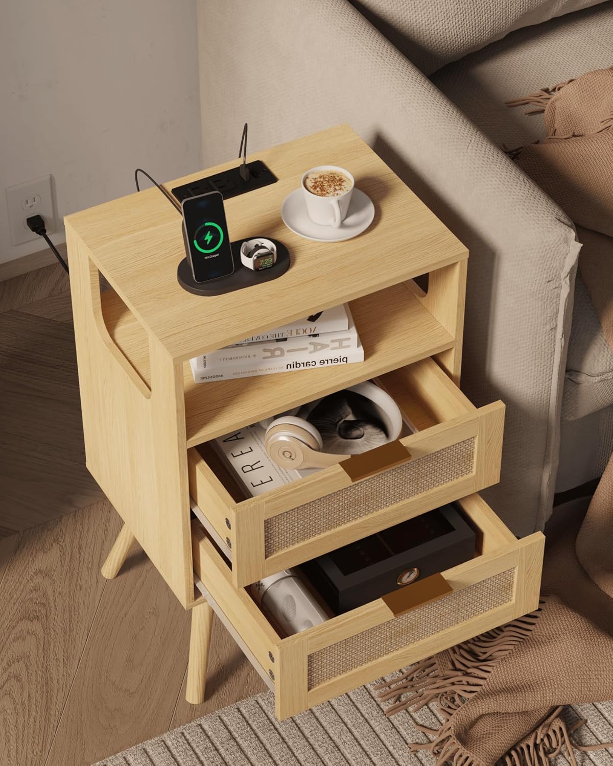 Rattan Nightstand with Charging Station,Modern Bedside Table with 2 Storage Drawer and Open Wood Shelf, for Bedroom and Small Spaces,Night Stand with Solid Wood Legs (Yellow Oak)