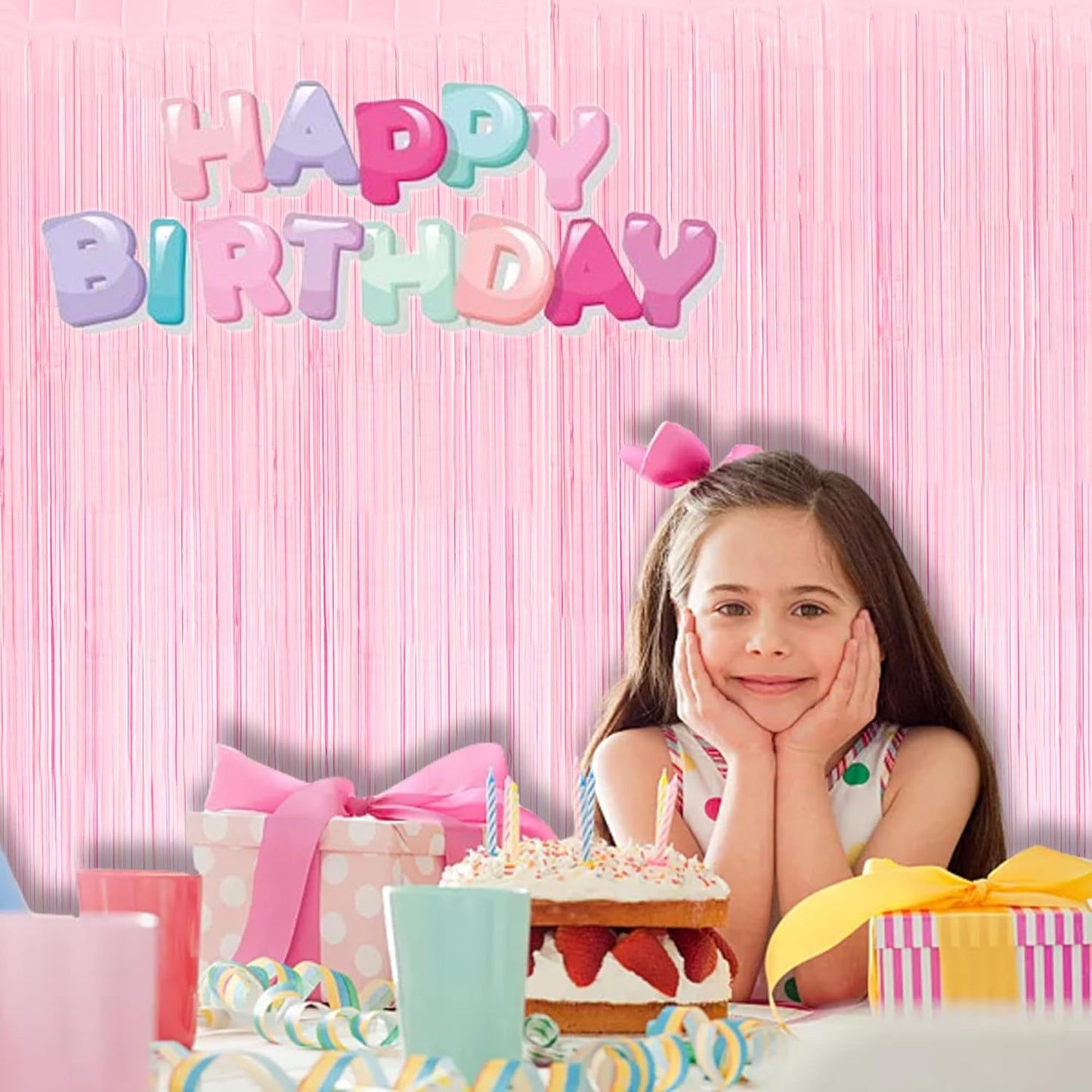 BRAVESHINE Pastel Pink Foil Fringe Curtains Tinsel Backdrop - 2 Pack Photo Booths Party Streamers Supplies for Halloweens/Boo Girls Princess Birthdays Bridal Shower Bachelorette Sweet Bow Decorations