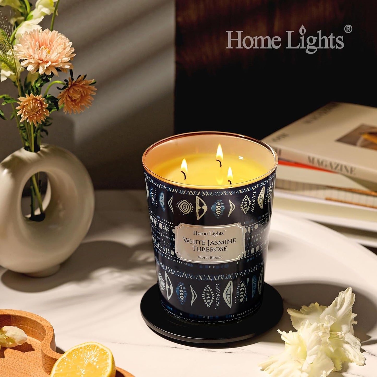 HomeLights Scented Candles for Women & Men, 34oz Candle Jars Aromatherapy 3-Wick Candle, Ideal for Bohemian Natural Textures Home Decor and Gifts, White Jasmine Tuberose