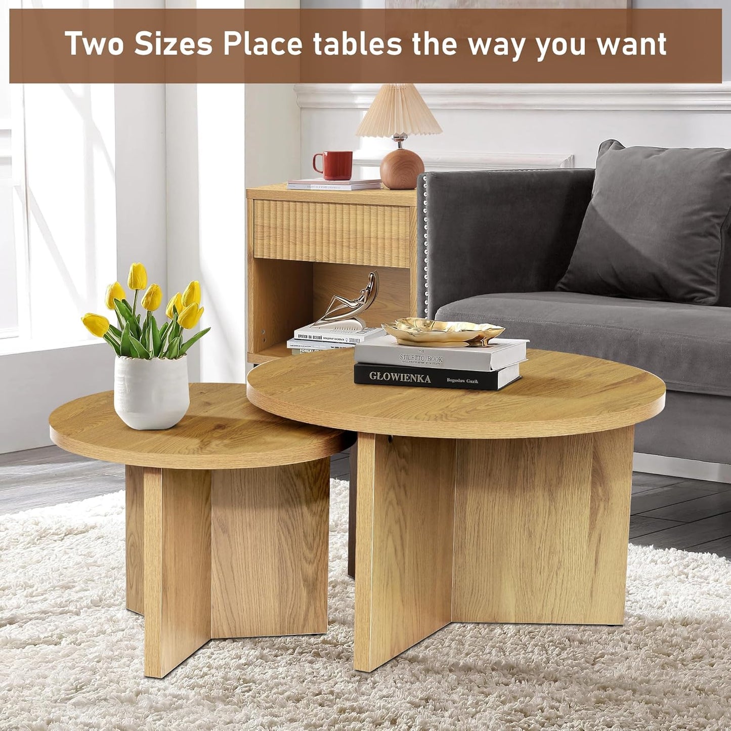 Round Nesting Coffee Tables Set of 2, Modern Stacking Table with Wood Grain Finish, End Table Side Tables for Living Room (Natural Oak)