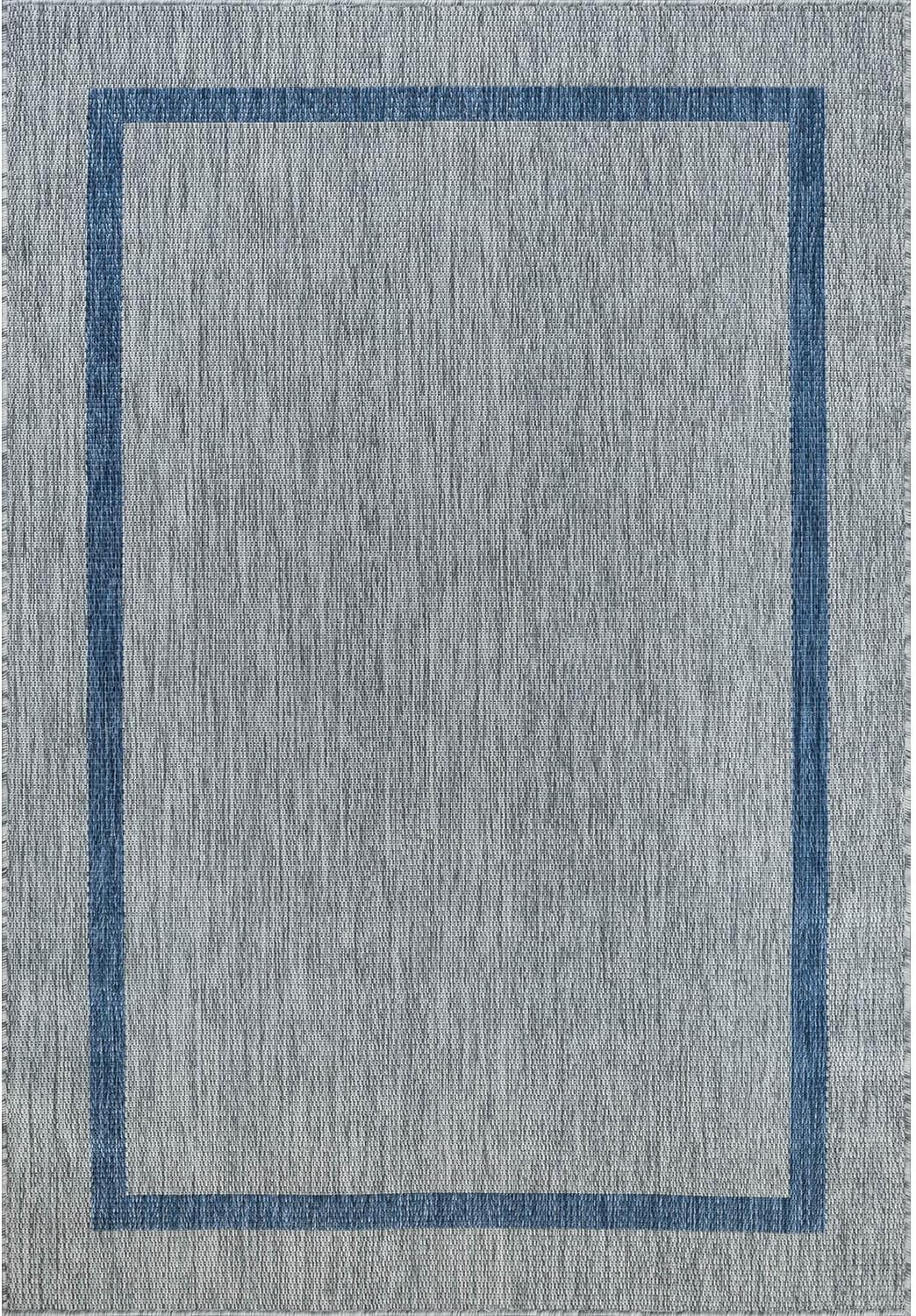 Bordered Outdoor Rug 9x12 Washable Outside Carpet for Indoor Patio Porch Waterproof Easy Cleaning Non Shedding Area Rugs Silver Gray - Blue 9 x 12