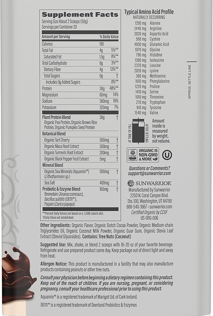 Vegan Protein Powder Plant-Based USDA Organic BCAAs | 30g Protein per Serving | Sugar Free, Gluten Free Non-GMO Dairy Free | Chocolate Flavored, 20 Servings | Active Sport Protein Powder