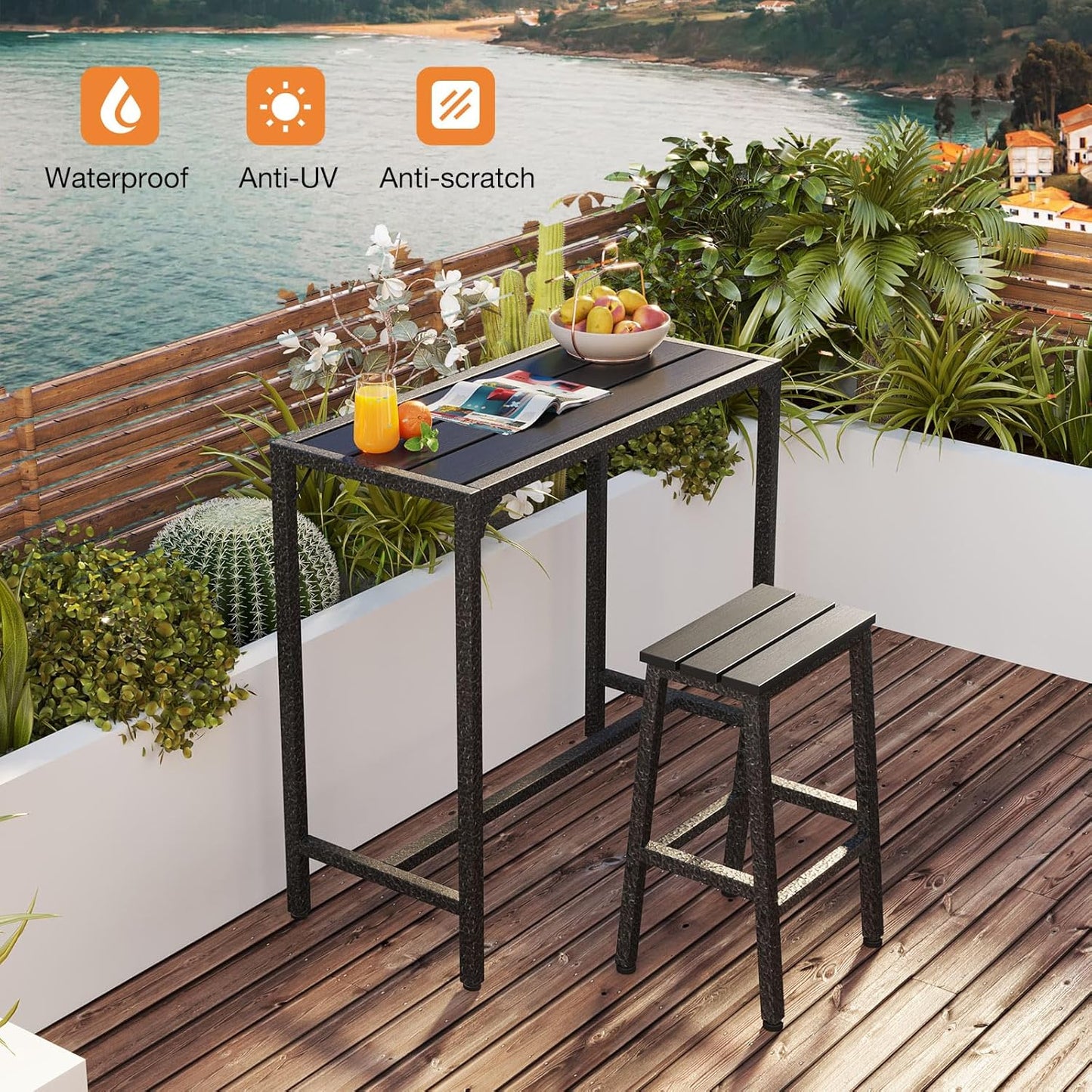 ODK 39 Inch Outdoor Bar Table, Patio Counter Bar Height Table with Weather Resistant Waterproof Top for Hot Tub Garden, Yard, Balcony, Poolside, Indoor (Black)