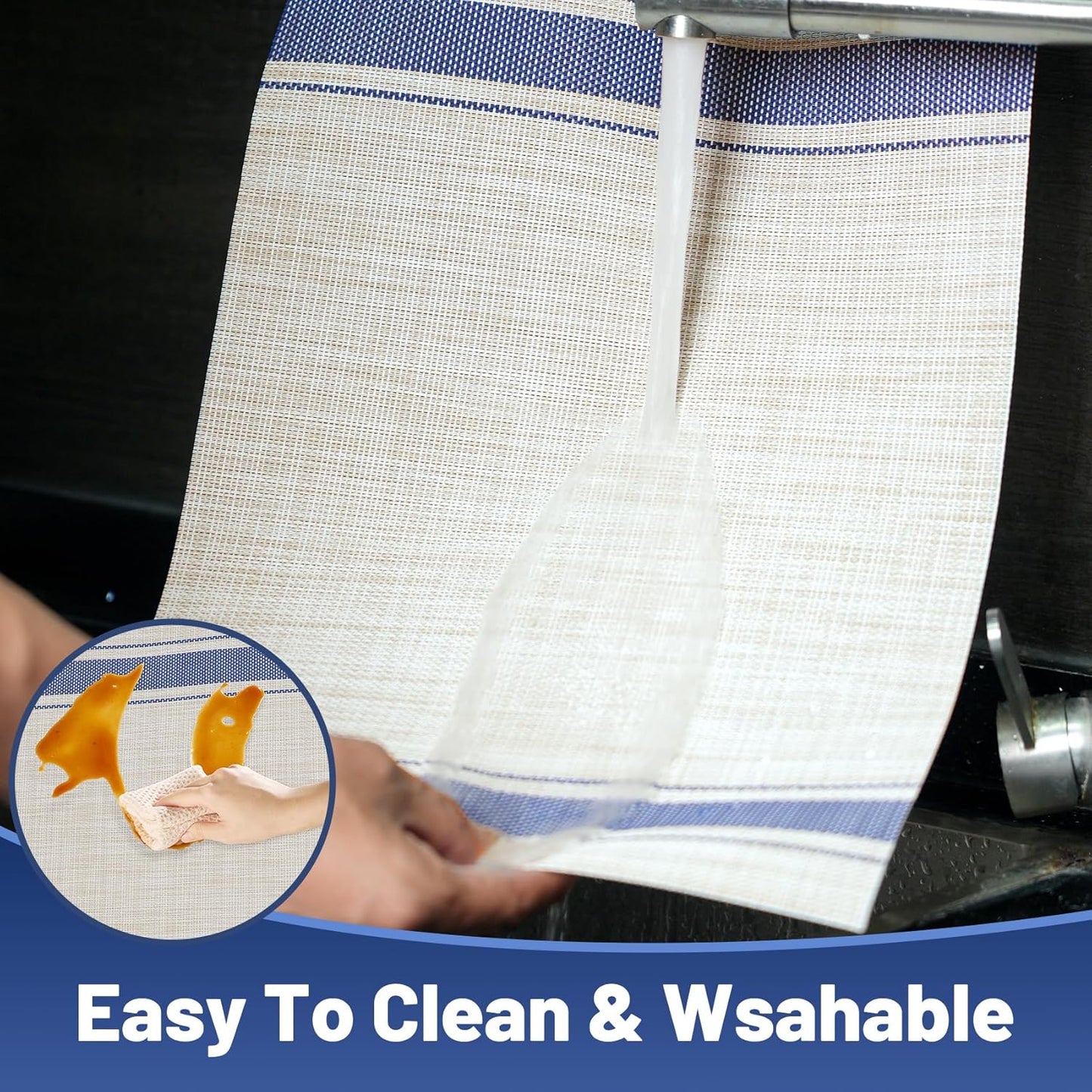 Placemats Set of 6,Non-Slip PVC Weave Table Mats Easy to Clean,Heat Resistant Place Mats for Kitchen Dining Table Decoration Indoor Outdoor,Khaki Blue