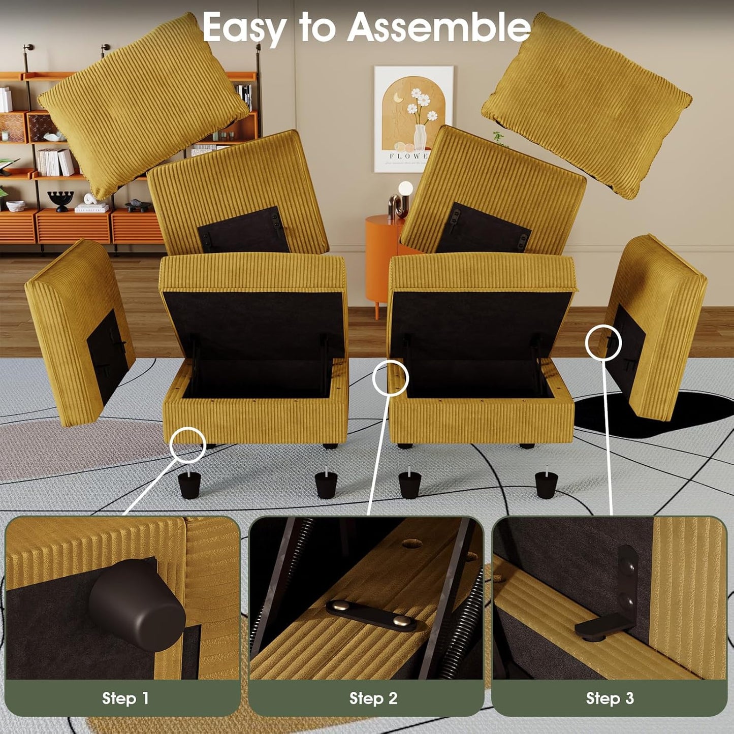 LLappuil Modular Sectional Sofa with Storage Seats, Corduroy Convertible Modular U Shaped Sectional Couch for Living Room, 6 Seat Oversized Sofa with 5 Back Cushion 5 Throw Pillow, Yellow
