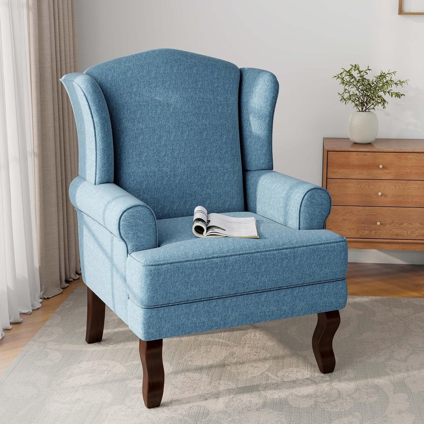 Accent Chair, High Back Upholstered Armchair with High Resilience Sponge & Wood Legs, Mid-Century Modern Comfy Single Sofa Reading Chairs for Living Room, Bedroom (Blue, Set of 2)