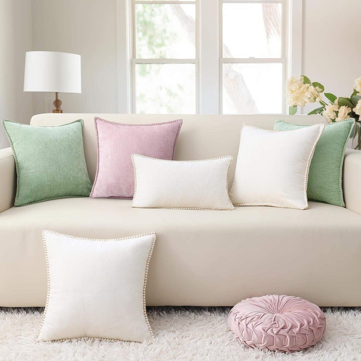 decorUhome Chenille Soft Throw Pillow Covers 24x24 Set of 2, Farmhouse Velvet Neutral Decorative Euro Pillow Covers with Stitched Edge for Couch Sofa Bed Home Decor, Cream White