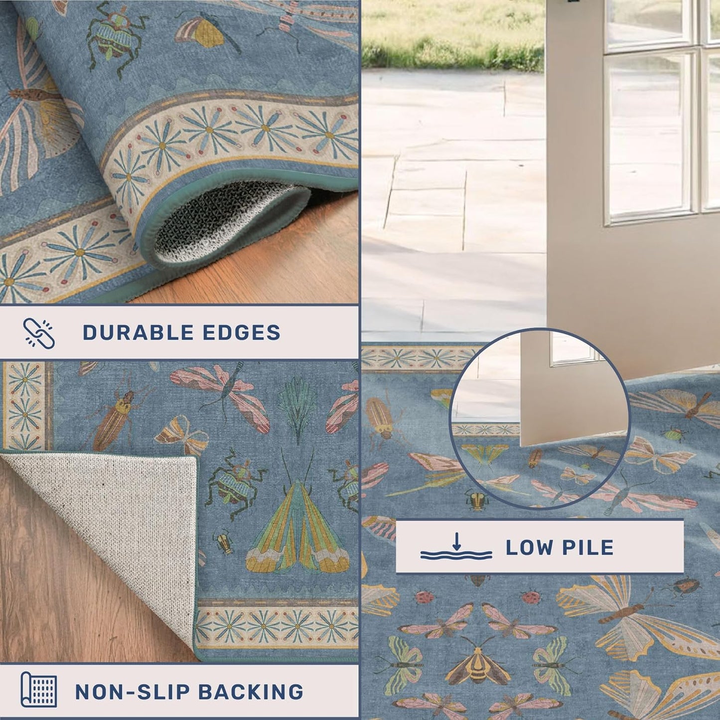 Modern Rugs for Living Room - 5x8 Moth Blue Carpet for Bedroom Under Bed, Girls Room Rug for Kids, Washable Non Slip Soft Floor Décor