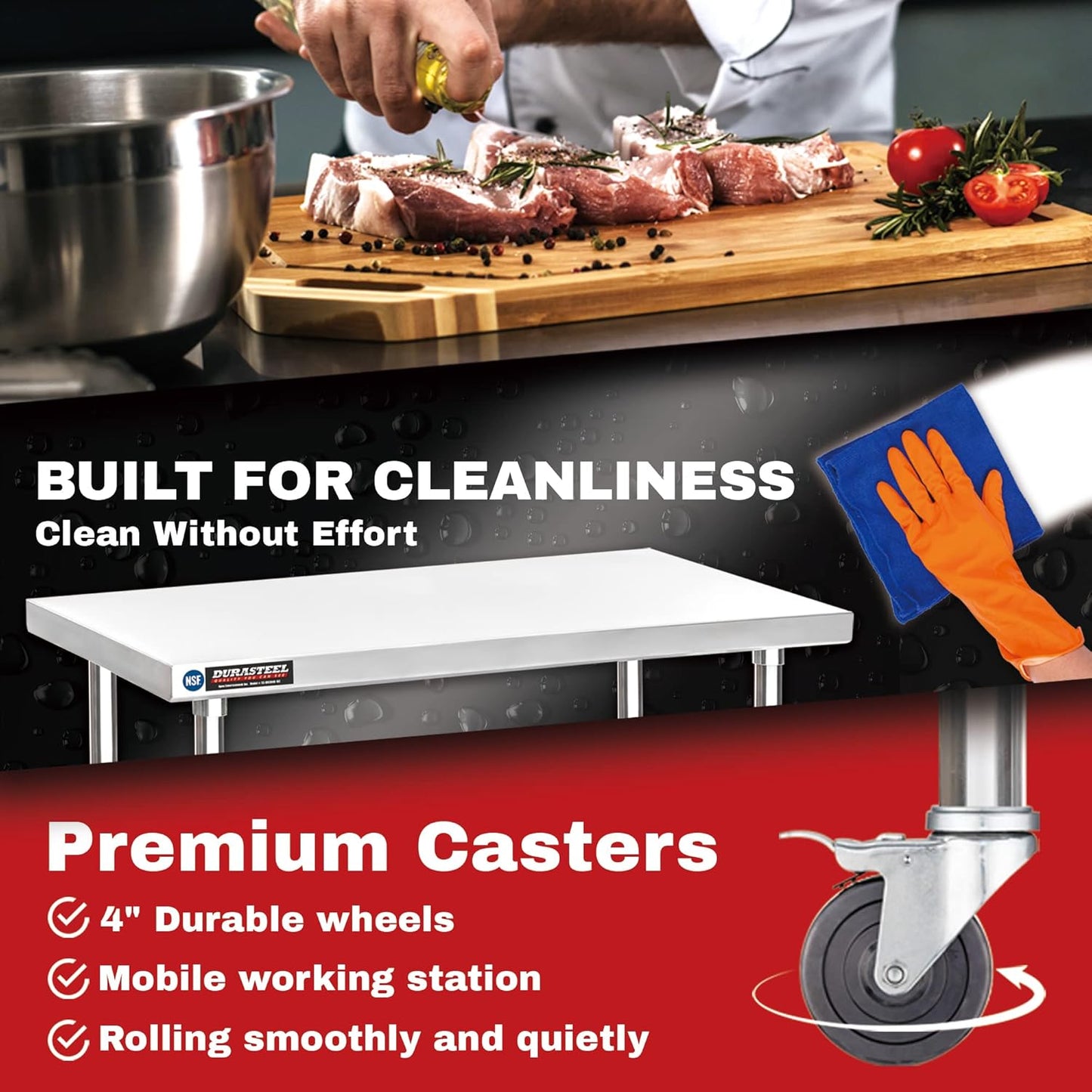 DuraSteel 24x24 NSF Stainless Steel Cart Work Table - Heavy Duty Rolling Food Prep Table - Metal Utility Cart on Wheels Caster, Grill Stand Microwave Outdoor Kitchen Tables Countertop Island Large Top