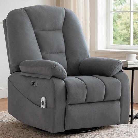 Power Swivel Rocker Recliner Chair for Adults,Rocking Recliners Chairs with Massage and Heat for Living Room, Electric Fabric Reclining Sofa Chair with USB and Type-C Port (Gray)