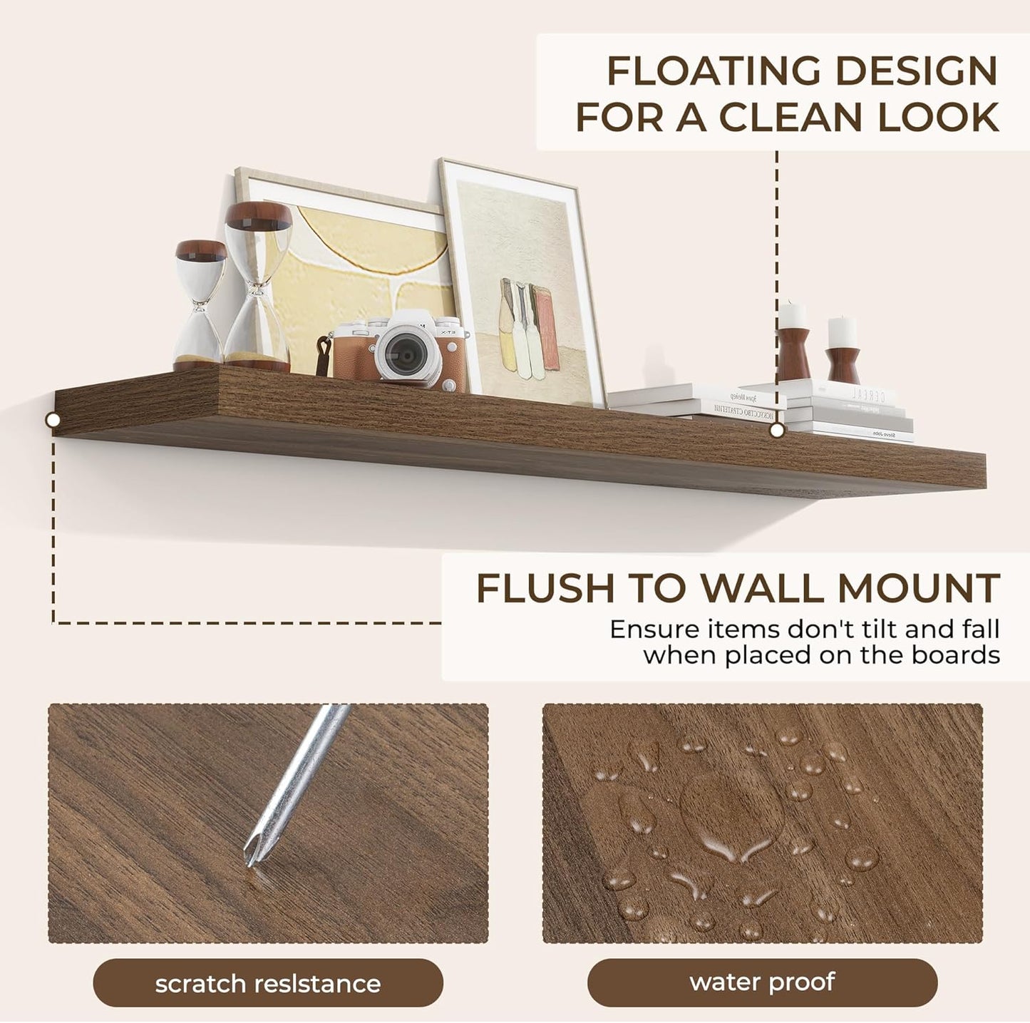 RICHFOCUS 55Inch Floating Shelves for Wall 2 Pack Shelves for Bedroom|Kitchen|Bathroom Wall Mounted Rustic Wood Floating Shelf with Invisible Brackets for Books|Storage|Decor, Walnut