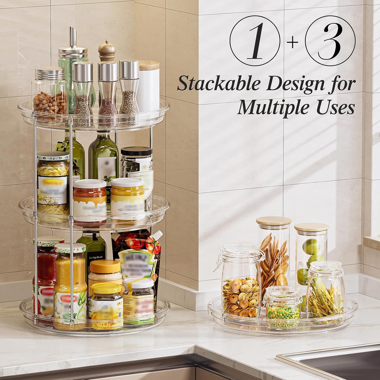 LAMU 2 Pack 10.6'' 2-Tier Lazy Susan Turntable Organizer Rotating Spice Rack Organization for Cabinet, Kitchen, Pantry, Countertop, Bathroom, Vanity, Makeup Organizer, Clear