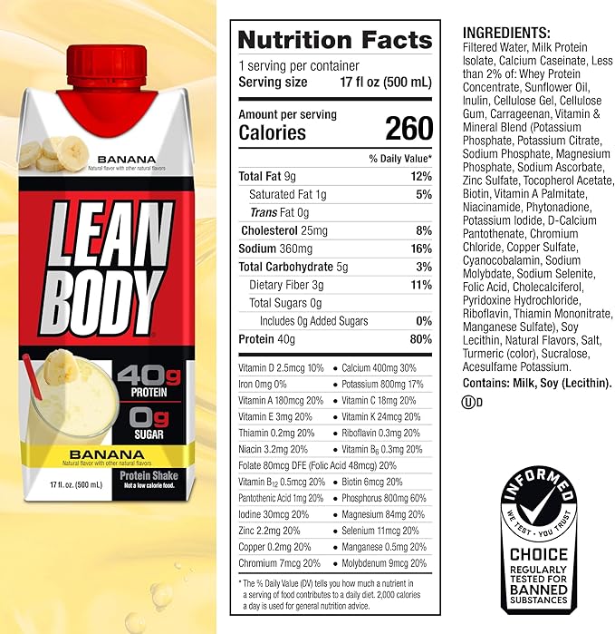 Lean Body Ready-to-Drink Banana Protein Shake, 40g Protein, 0 Sugar, 22 Vitamins 17 Ounce 12) LABRADA