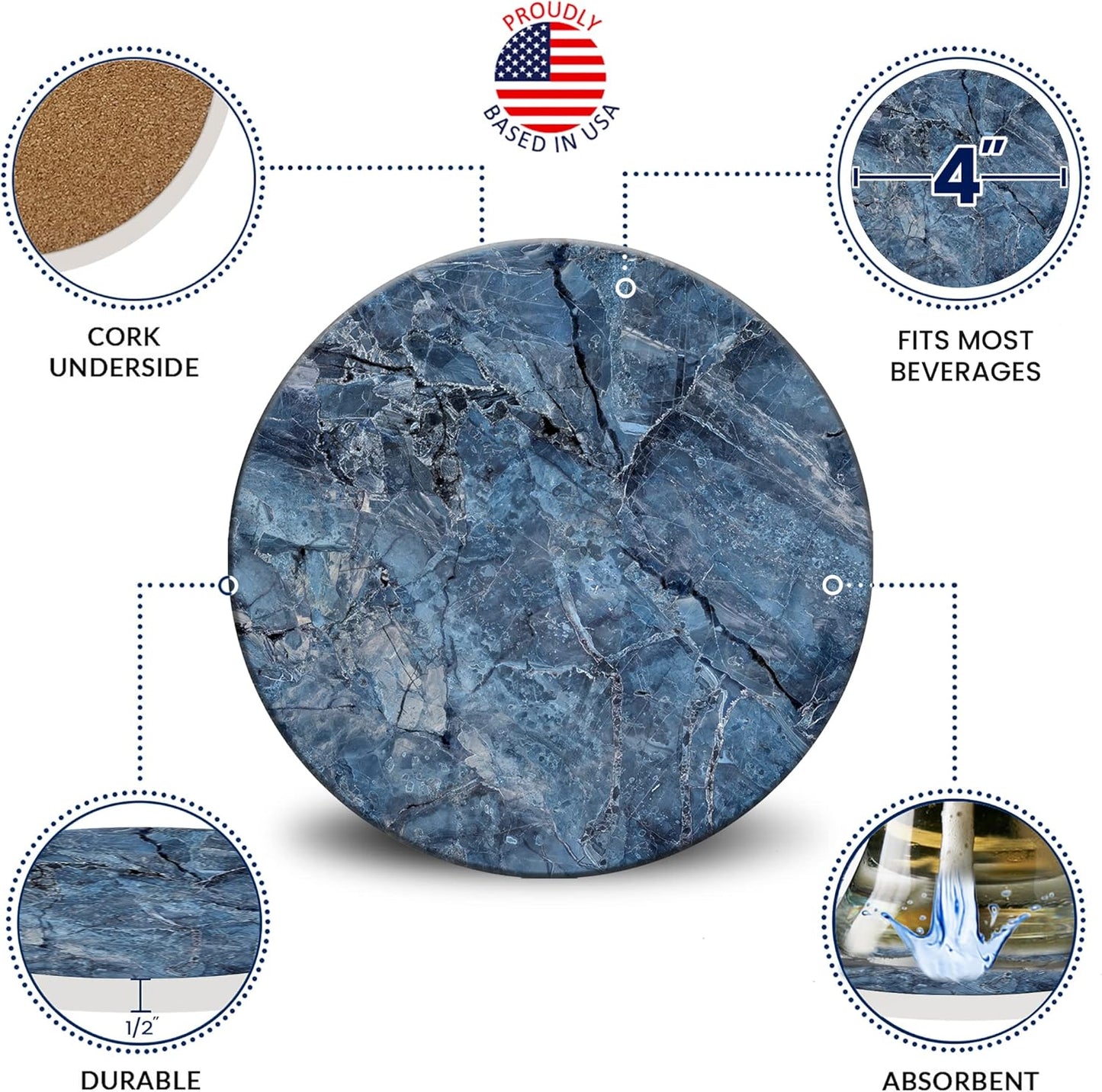 Emerson Coasters for Drinks Absorbent – Natural Stone Drink Coasters Set with Holder, Coasters for Coffee Table, Wooden Tabletop Protection Marble Style – 100% Heavy Duty Set of 6 (Mystic)