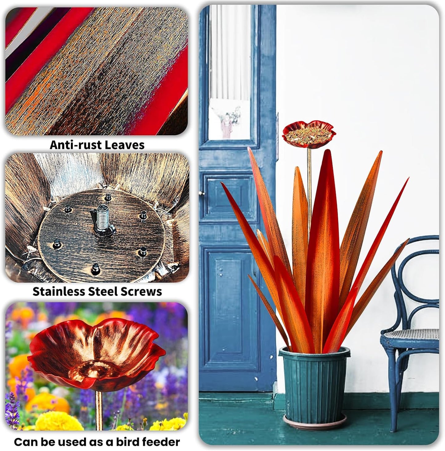 Large Tequila Rustic Sculpture, Rustic Metal Agave Plants for Outdoor Patio Yard, Home Decor Hand Painted Metal Agave Garden Yard Statue, Outdoor Lawn Ornaments (Red - L (W/Bird Feeder))