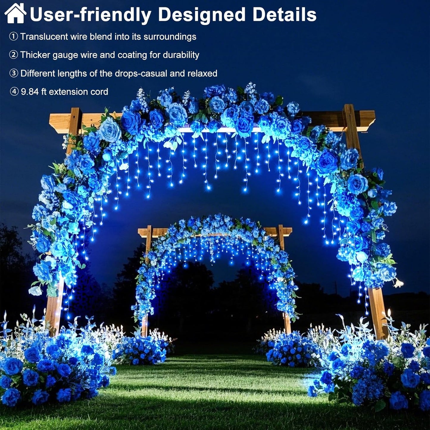 Blue Christmas Lights Outdoor, 66ft 640 LED Icicle Lights for Outside House with Connectable Clear Wire 8 Modes Timer, Plug in Waterproof for Home Holiday Eaves Patio Yard Party Room Indoor Decoration