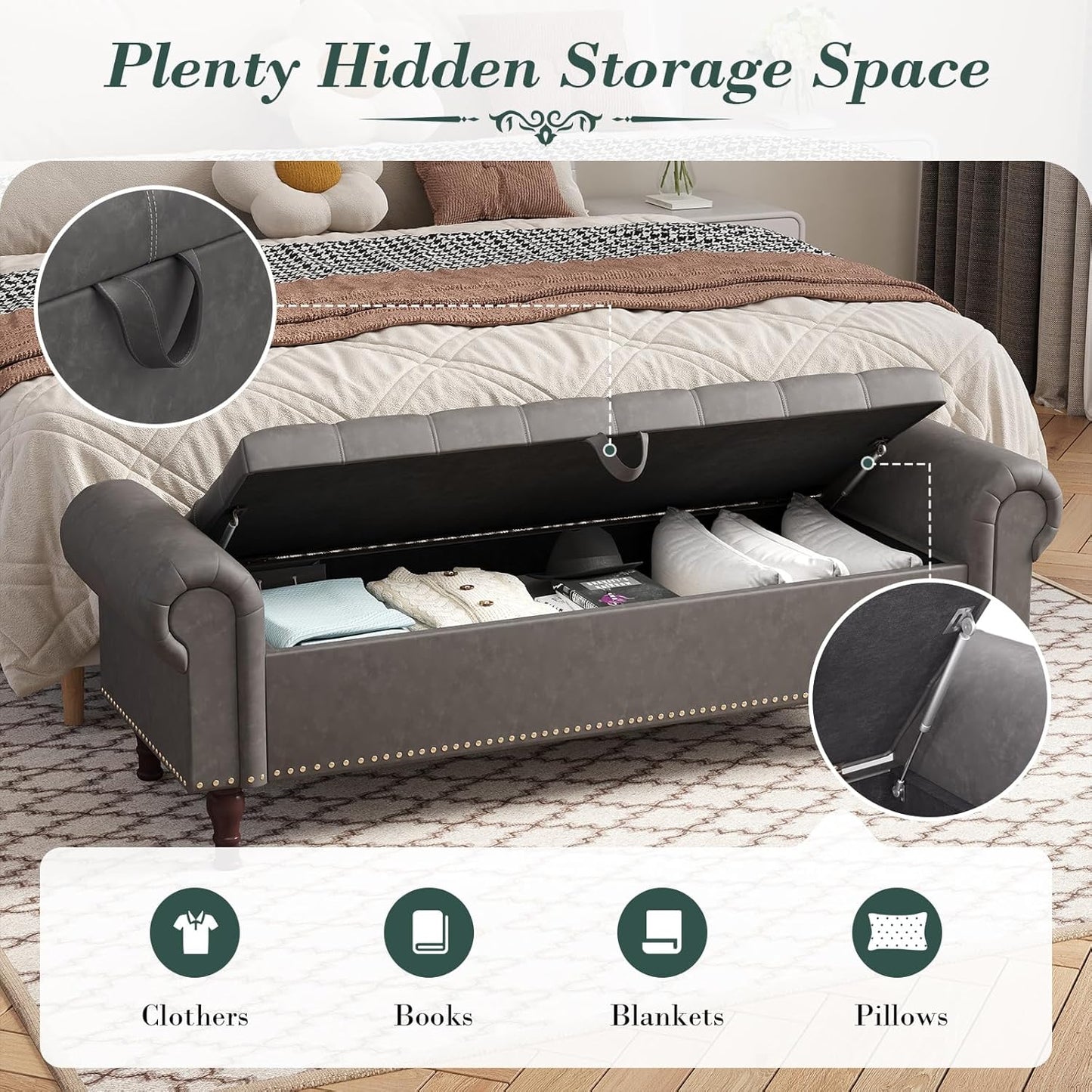 Apicizon 60”Bench with Storage, Upholstered Tufted Button Window Bench with Plenty Hidden Storage Space,Faux Leather Ottoman Bench for Bedroom, Living Room, Entryway,Gray