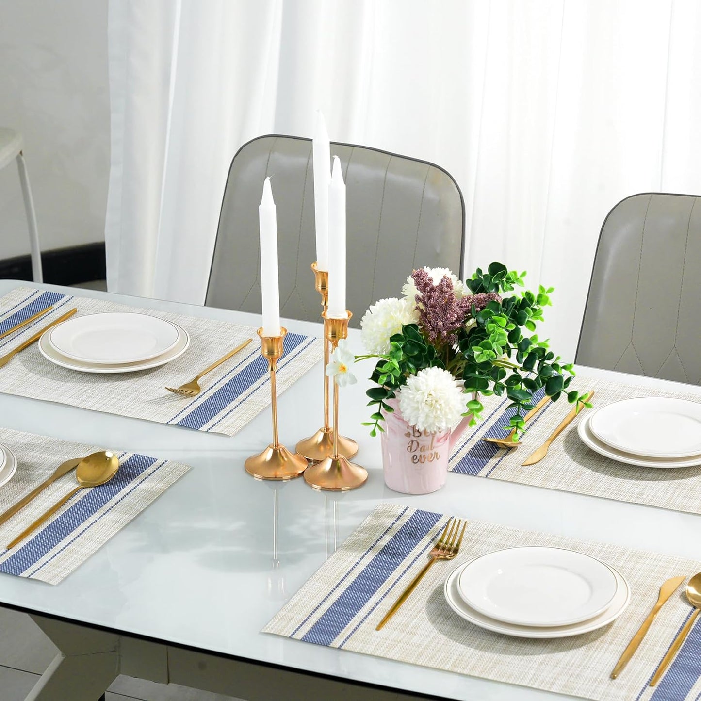 Placemats Set of 12,Non-Slip PVC Weave Table Mats Easy to Clean,Heat Resistant Place Mats for Kitchen Dining Table Decoration Indoor Outdoor,Khaki Blue