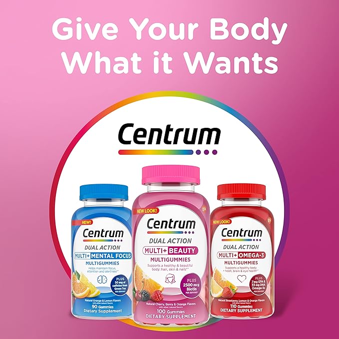 Centrum MultiGummies Multi+ Beauty Dual Action Multivitamin, Specially Designed with Biotin for Healthy Hair, Skin and Nails, Cherry/Berry/Orange Flavors - 100 Count