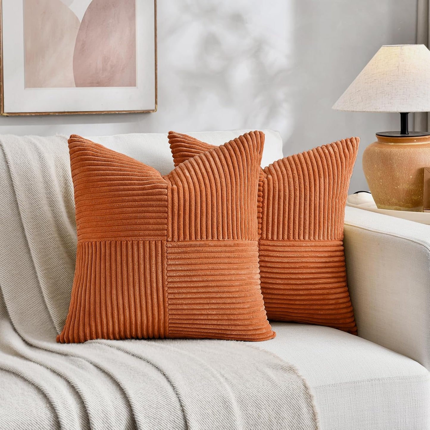 Fancy Homi 2 Packs Orange Fall Decorative Throw Pillow Covers 16x16 Inch for Living Room Couch Bed Sofa, Farmhouse Boho Home Decor, Soft Corss Patchwork Corduroy Textured Square Cushion Case 40x40 cm