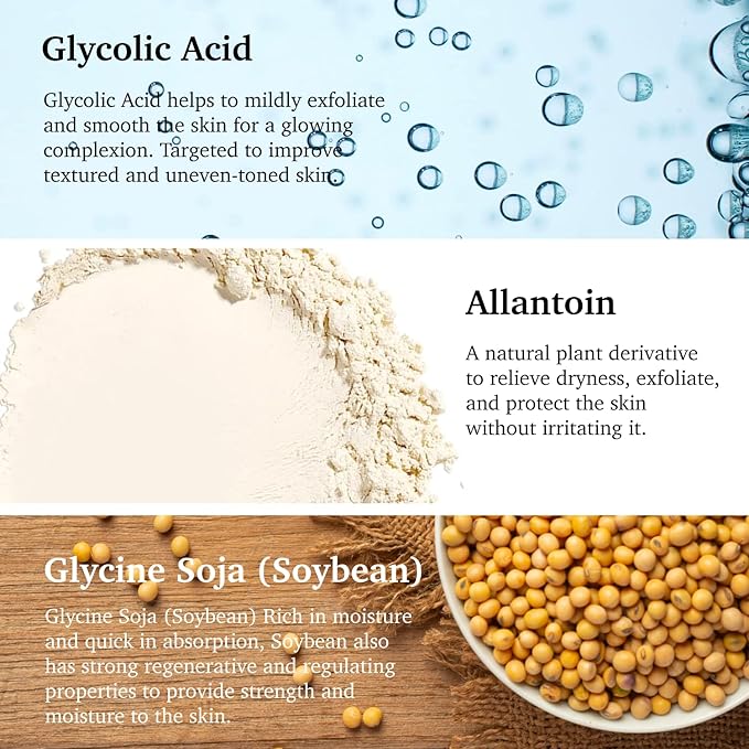 MADE IN USA 95% NATURAL GLYCOLIC ACID Facial Serum for Exfoliating Smoothing Glowing Face Skin with Allantoin Soybean 30ml 1 fl oz - PURIFECT by Symphony Beauty - Non Irritating Formula
