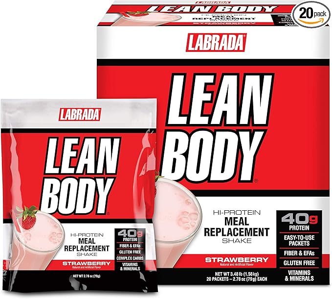 Labrada Lean Body MRP All-In-One Strawberry 40g Protein, 8g Healthy 22 Vitamins (20 Packets)