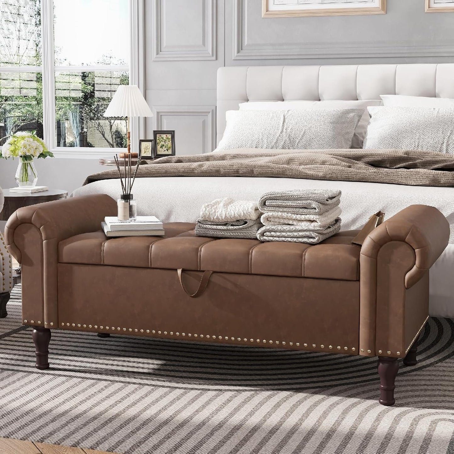 Apicizon 51”Ottoman with Storage, Queen Size End of Bed Storage Bench with Tufted Button, Upholstered Sitting Bench for Front Door Entrance,Bedroom,Dining Room, Entryway,Vintage Brown