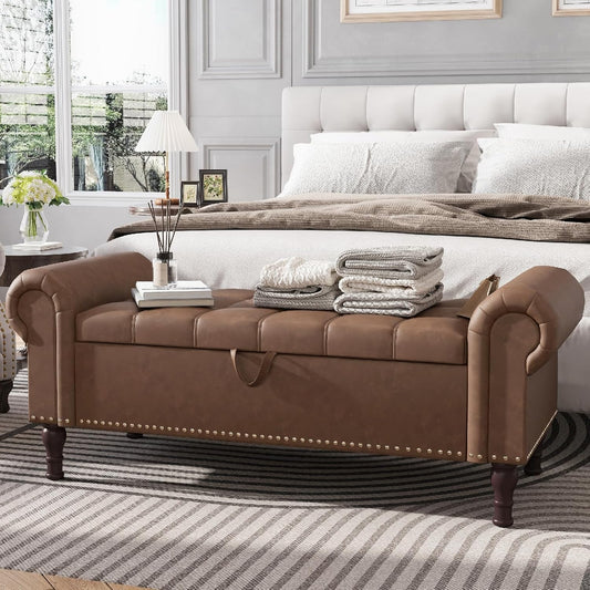 Apicizon 51”Ottoman with Storage, Queen Size End of Bed Storage Bench with Tufted Button, Upholstered Sitting Bench for Front Door Entrance,Bedroom,Dining Room, Entryway,Vintage Brown