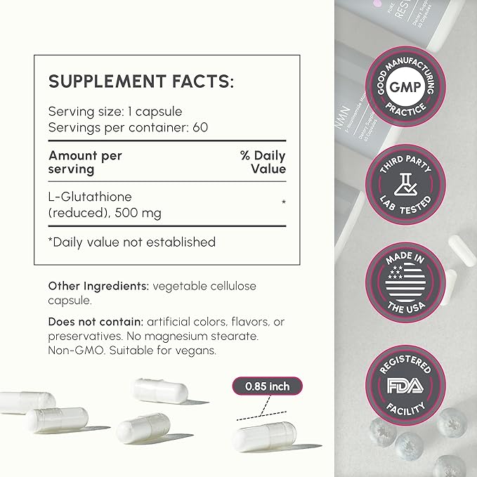 Pure L-Glutathione 500mg – L-Glutathione Supplement for Skin Whitening, Antioxidant Support & Detox – 2-Month Supply for Healthy Skin & Immune Boost - 60 Capsules
