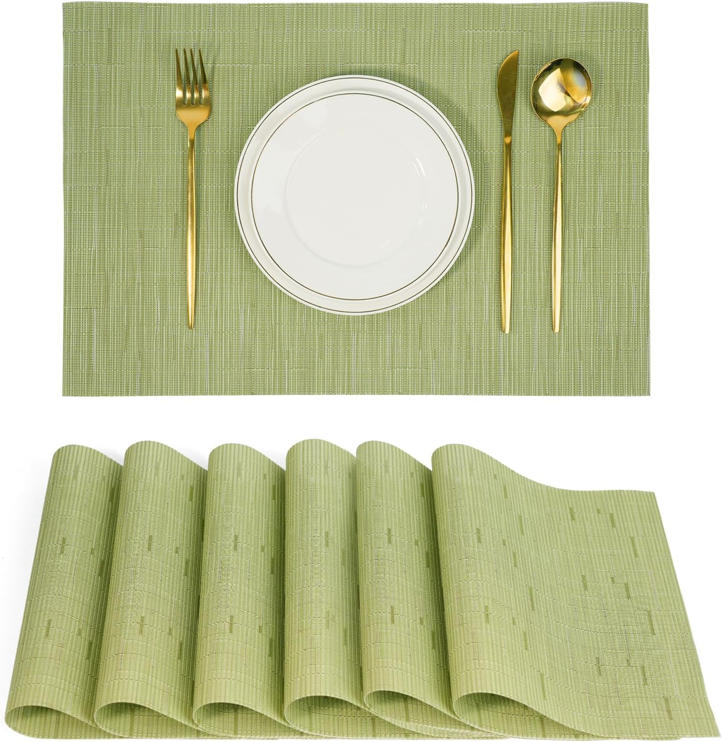 Placemats Set of 6,Non-Slip PVC Weave Table Mats Easy to Clean,Heat Resistant Place Mats for Kitchen Dining Table Decoration Indoor Outdoor,Pea Green