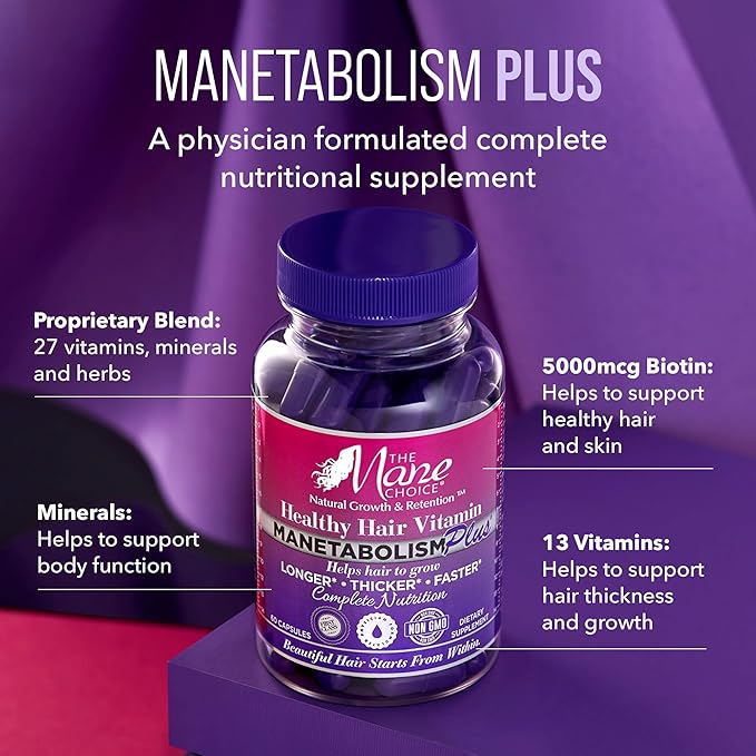 The Mane Choice MANETABOLISM Plus Healthy Hair Growth Vitamins - Supplements for Longer, Thicker, Healthier Hair - Hair Skin & Nails Vitamins for Women & Men (60 Capsules) Packaging May Vary