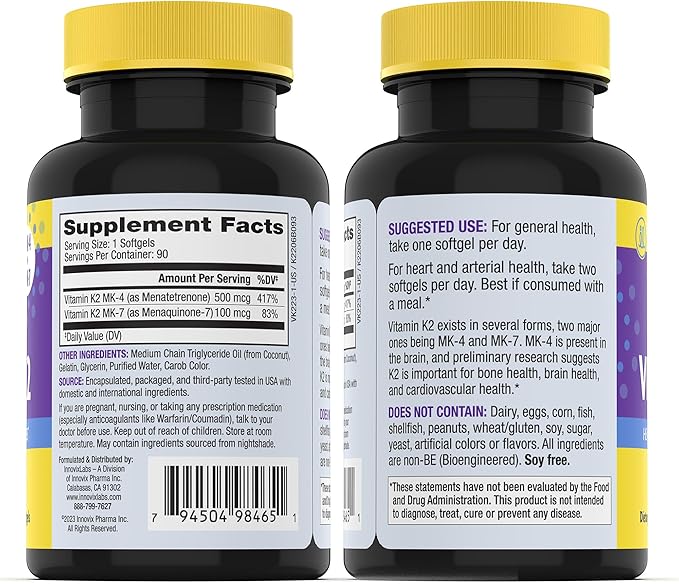 InnovixLabs Full Spectrum Vitamin K2 MK-7-90 Capsules K2 Vitamin MK7 & MK4-600 mcg K-2 Vitamins