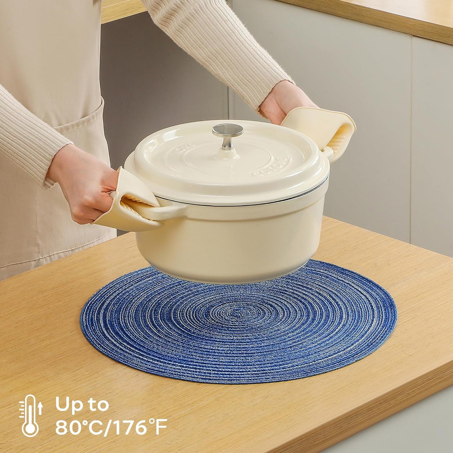 Leetaltree Round Placemats Heat and Slip Resistant Cotton Table Mats, Washable Bohemian Placemats for Dining Tables (Denim Blue, Set of 12)