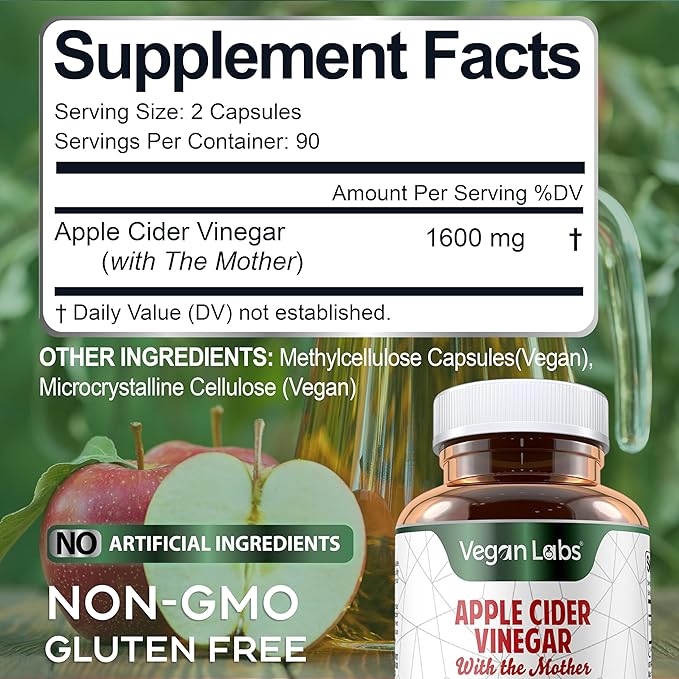Vegan Labs Apple Cider Vinegar Capsules with The Mother- 180 Vegan Capsules, 1600MG Per Serving- 100% Natural ACV Pills- Supports Healthy Digestion, Keto, Weight Management, Detox, and Immune System