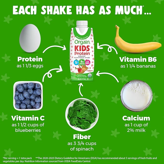 Orgain Organic Kids Nutritional Protein Shake, 8g Dairy 3g of 22 Vitamins 8.25 Fl 12)